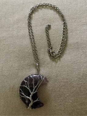 Handcrafted Amethyst Crescent Tree of Life Pendant Necklace - Purple